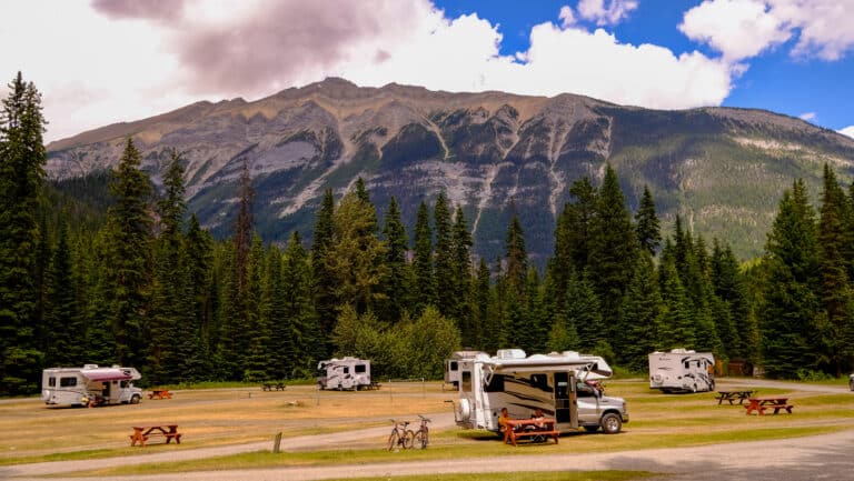 RVs parked in national park campground with mountain backdrop.