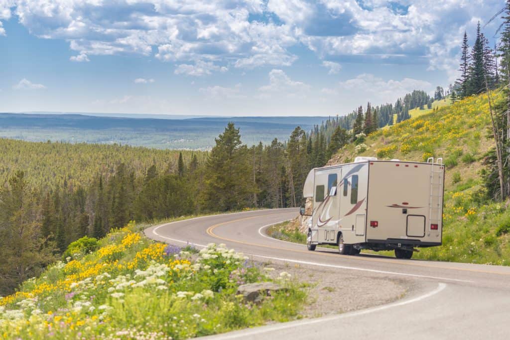 A Class C motorhome driving down a curvy road with wildflowers blooming on the roadside.