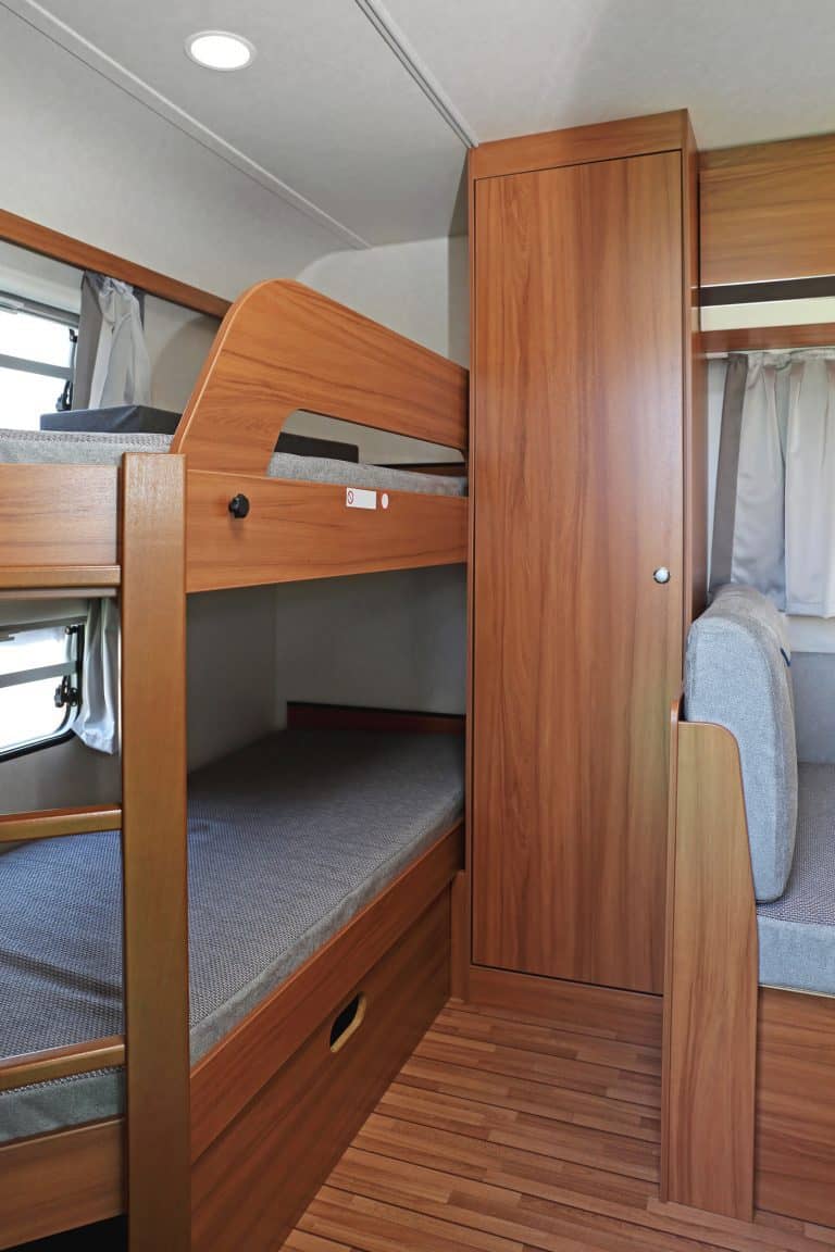 View of bunk beds inside an RV.