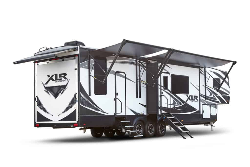 One of the best toy haulers, the XLR, with awnings pulled open