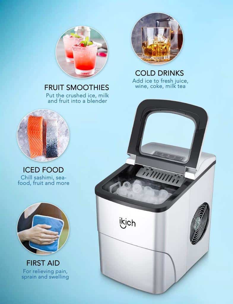 Ice maker advertisement showing various uses.