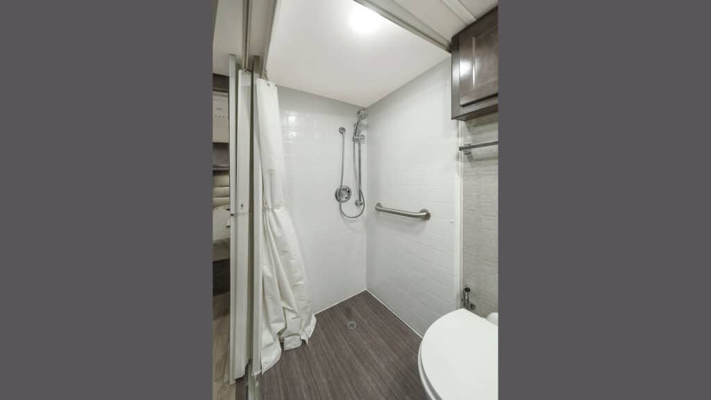 Handicap accessible shower in large motorhome.