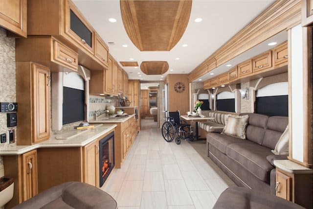 Full length interior of wheelchair accessible Newmar motorhome.