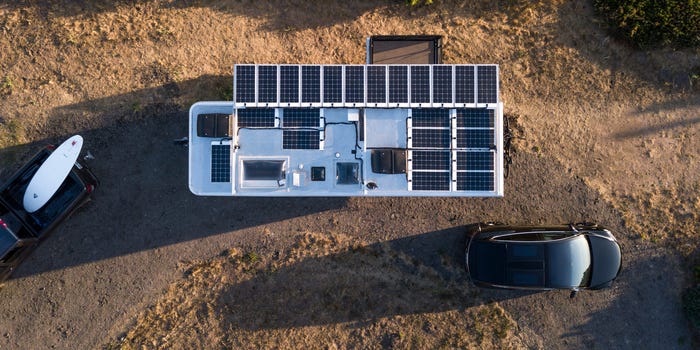 2021 Living Vehicle as seen from the top with solar panels extended.