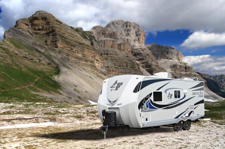 Travel Trailer parked on scenic public lands.