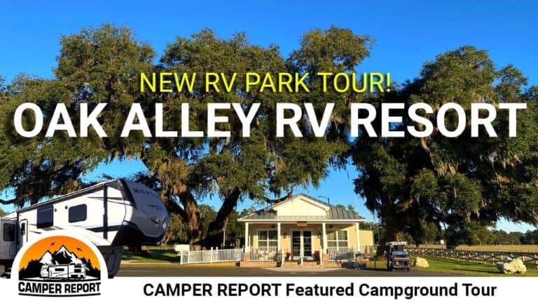 Graphic of Oak Alley RV Resort entrance with titles superimposed.