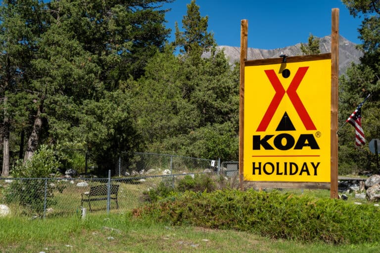 KOA campground sign at campground entrance.