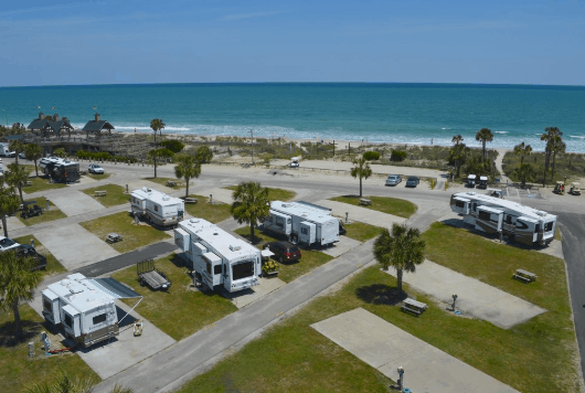 RV park next to the beach. Some RV sites are occupied with a rig and some are not.