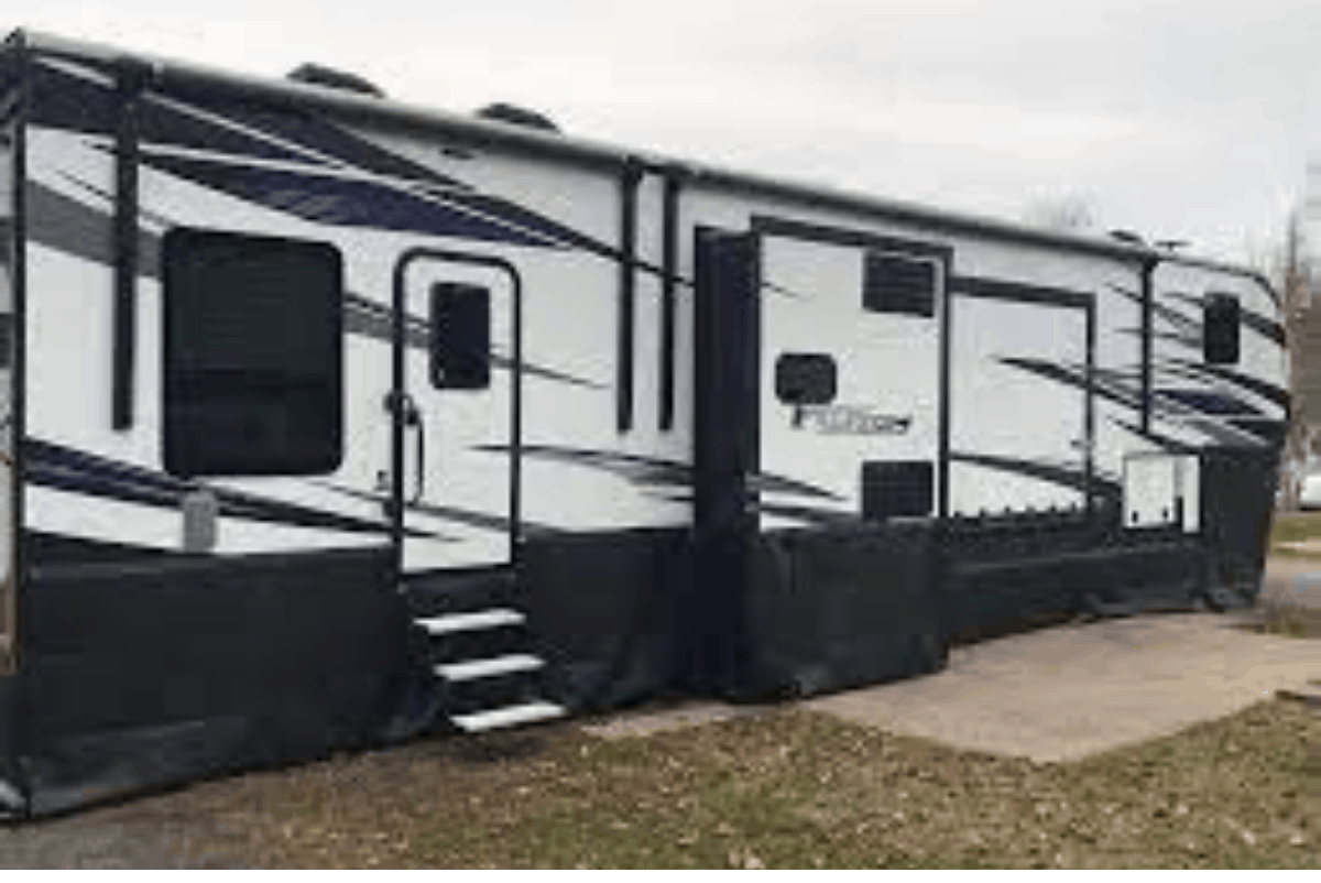 RV parked on a grass site with skirting surrounding the bottom - RV skirting