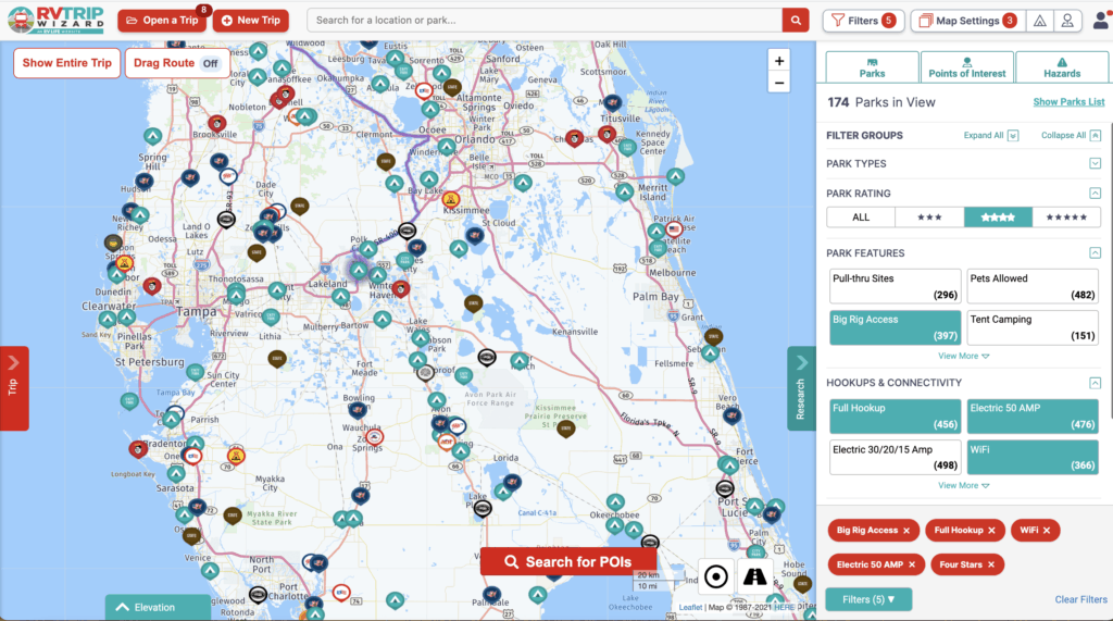 Screen shot of RV LIFE Trip Wizard shows campgrounds and filter options for a portion of Florida.