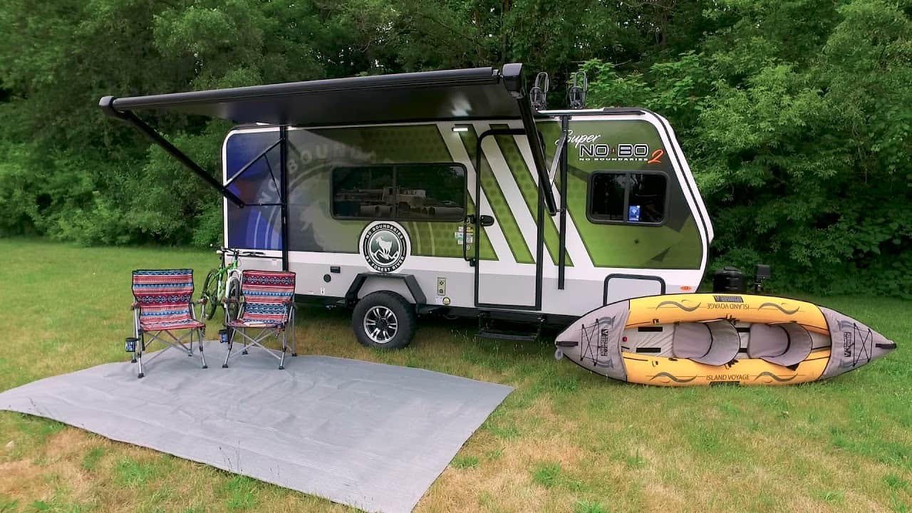 The Forest River No Boundaries 16.6 bunk bed travel trailer model called the ‘Super NO BO 2' has a colorful exterior, power awning, and many more nifty features.
