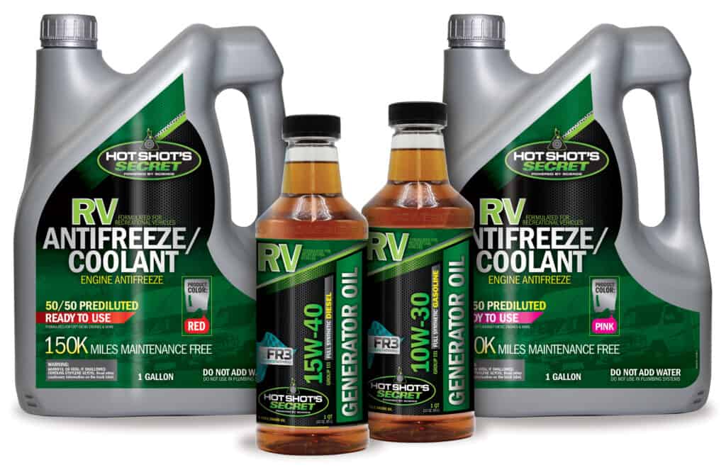 Hot Shot's Secret new coolant and generator oil products for proper rv maintenance.
