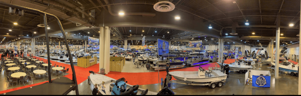 Fish-eye view of the exhibition hall at the Houston Boat, Sport & Travel Show