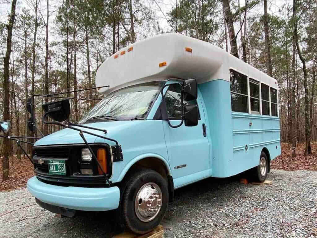 Blue short bus is an RV Airbnb