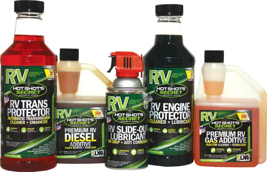 Partial lineup of Hot Shot's Secret RV maintenance liquid additives.