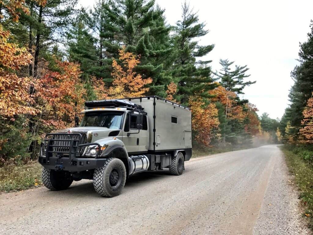 extreme RV on road during the fall