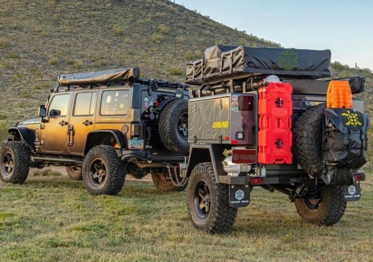 Jeep camper trailer being towed by a Rubicon