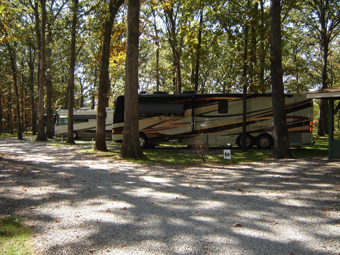 RVs nestled into the campsites among a shaded forest