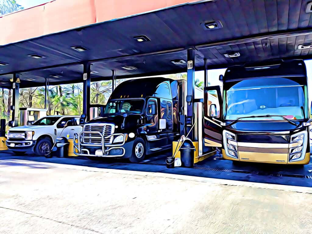 Stylized image of truck, tractor trailer, and motorhome at a gas station. - diesel shortage