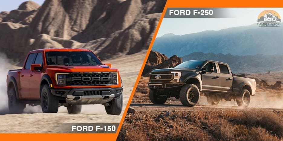 Ford F150 vs F250 side by side comparison image.