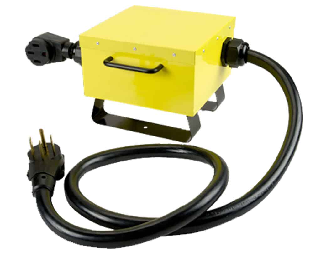 yellow southwire RV voltage regulator on white background