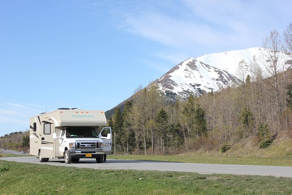 Class C motorhome parked in Alaska at a higher elevation
