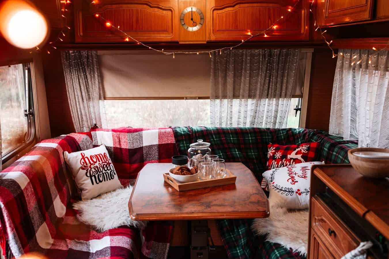 Inside of a travel trailer decorated for Christmas