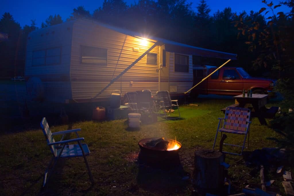 RV at night with an RV security system