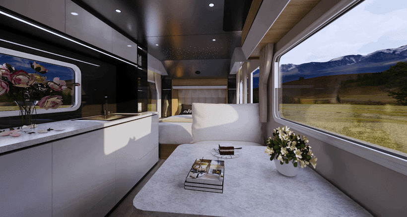 Luxurious modern RV interior with mountain pasture through the window - Black Series campers