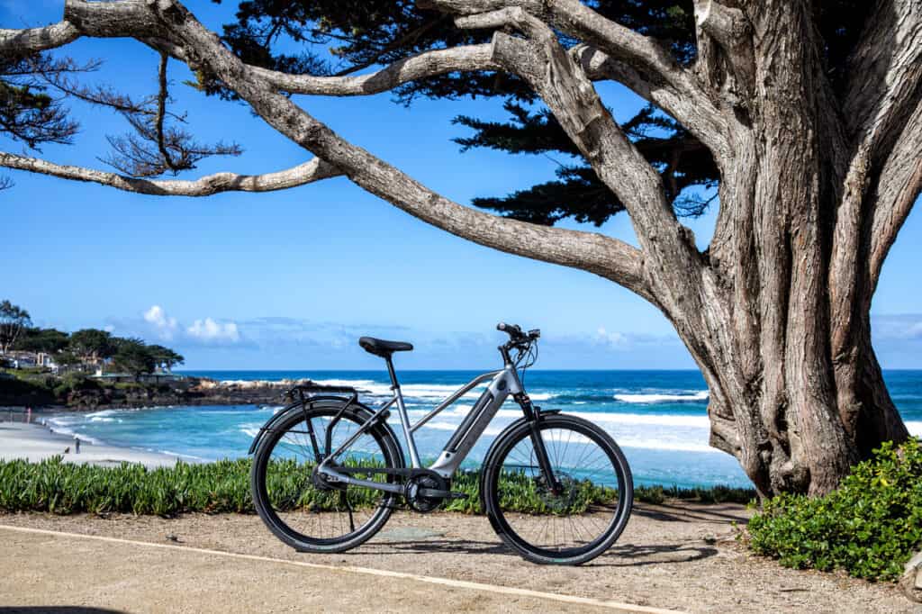 A beautiful ebike on the shoulder of a road, near the ocean.

