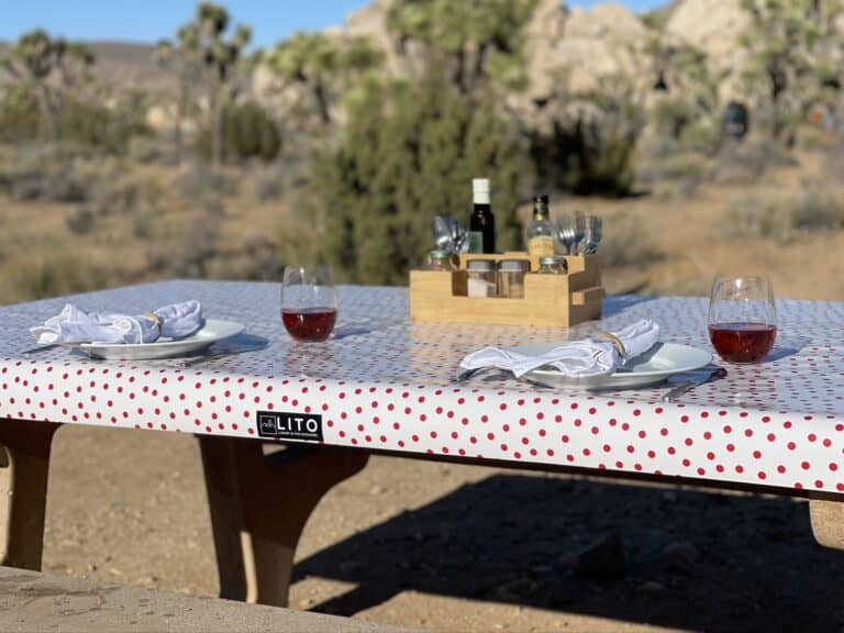 Glamping setup in Joshua Tree National Park features a luxury table setting such as this.