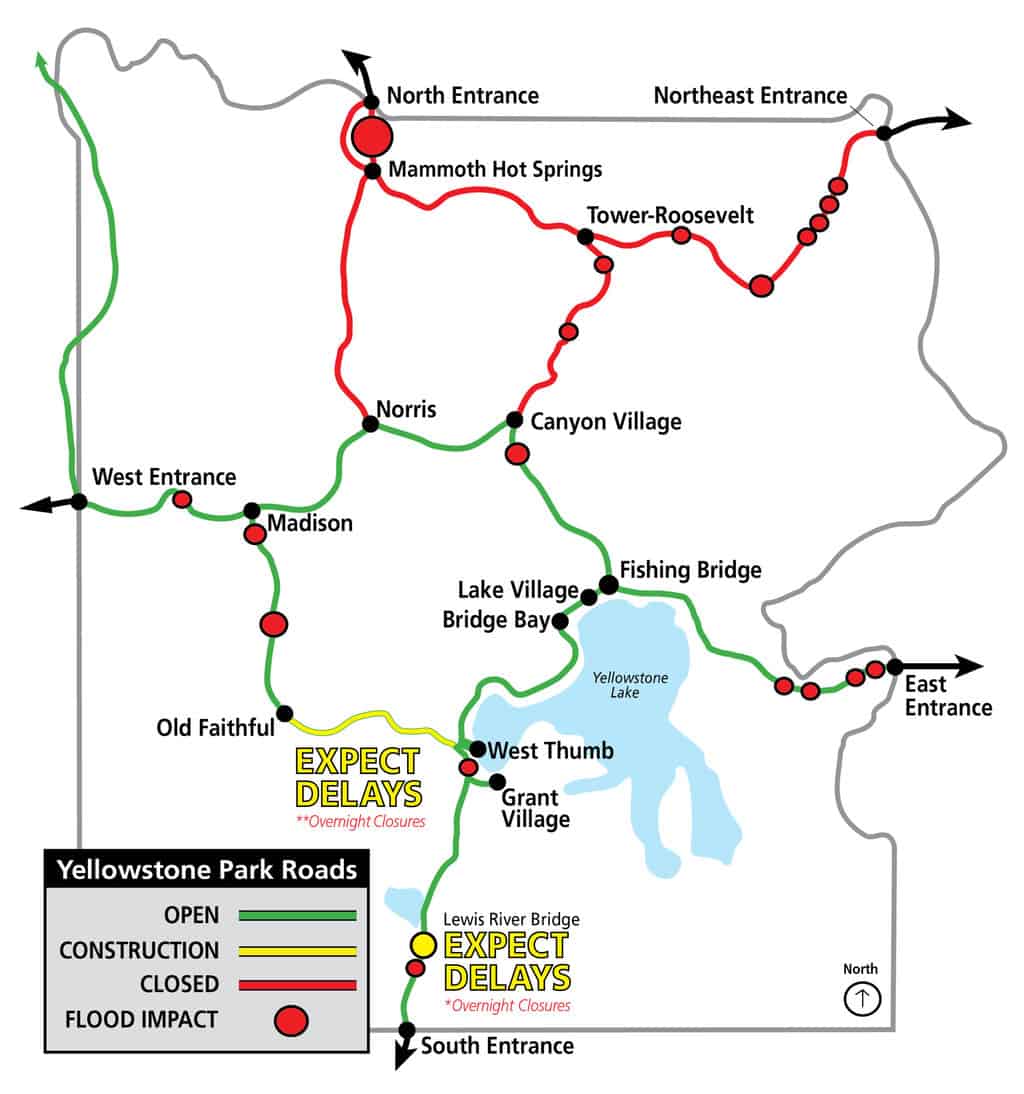 Road map showing open and closed roads in Yellowstone National Park.