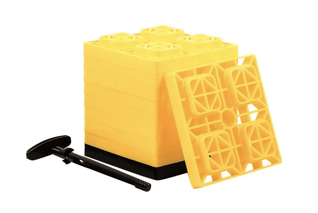 Stack of yellow leveling pads for RVing
