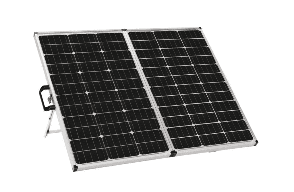stock image of portable solar panel used when you go camping.