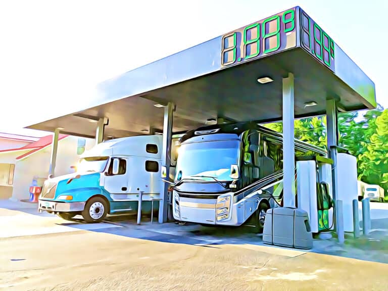 RV and truck at gas station - feature image for TSD Fuel Cards for RVers