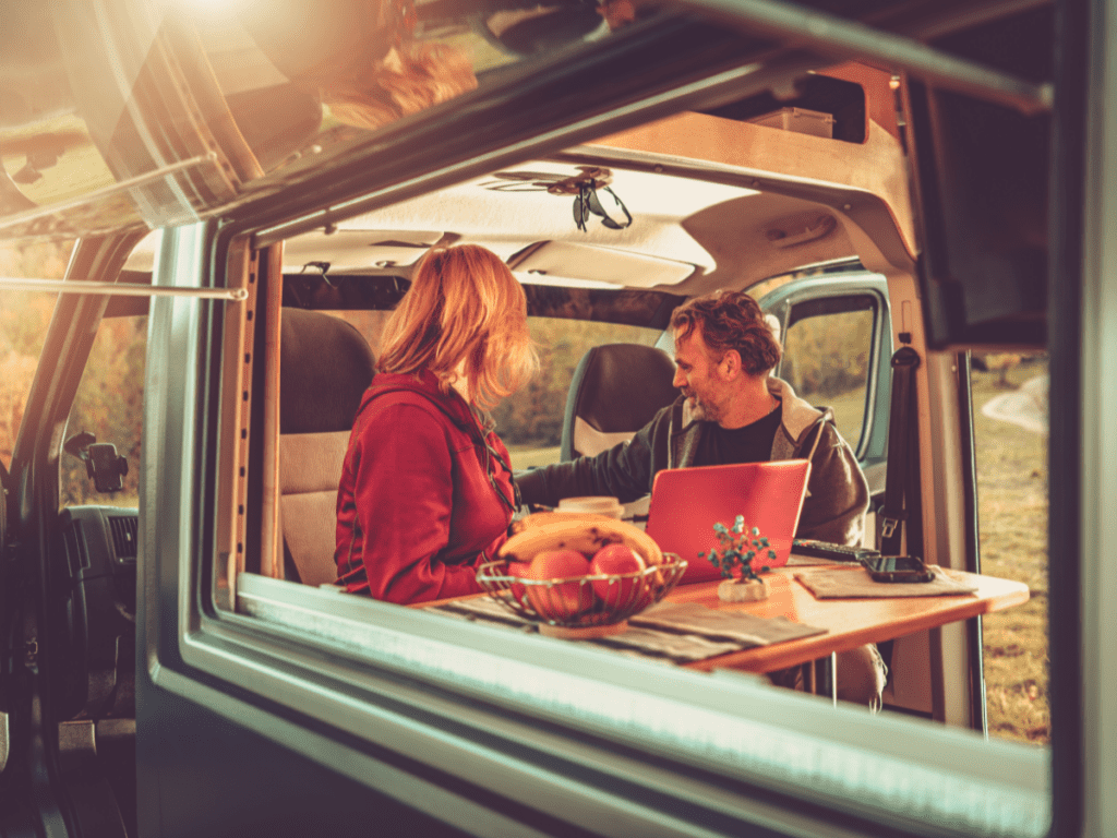 A couple researched their next destination in their RV using a mobile hotspot.
