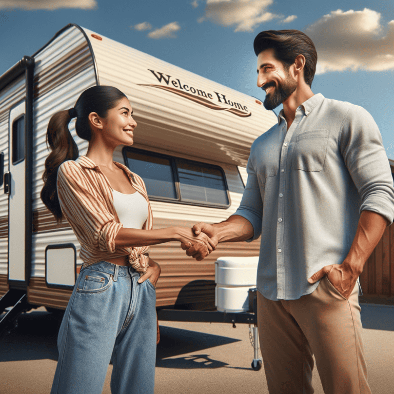 AI generated image of a couple shaking hands in front of a Class C motorhome, indicating an agreeable sale.
