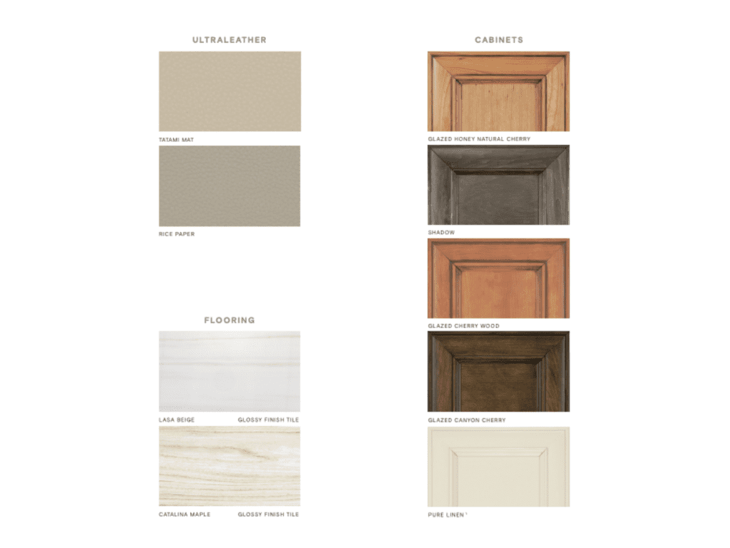 The interior option samples of Ultraleather, flooring, and cabinets.