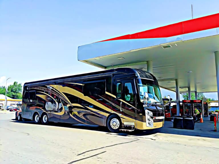 motorhome at gas station - feature image for states where you can't pump your own gas