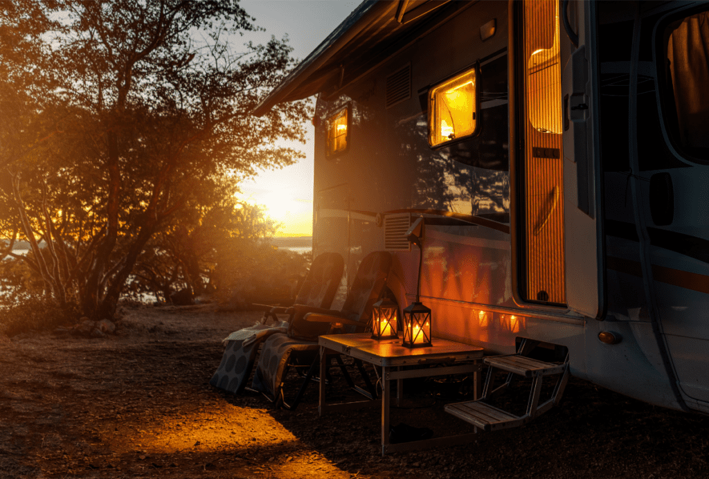 An RV campsite at sunset
