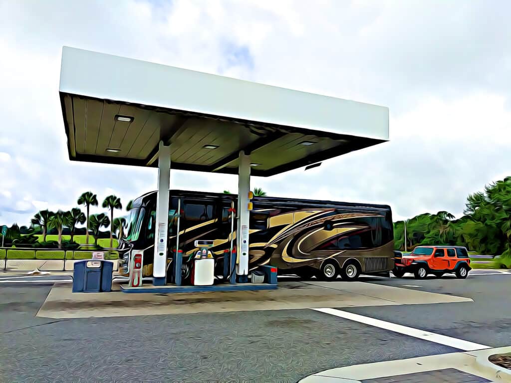 RV at gas station - feature image for tips on how to fuel up