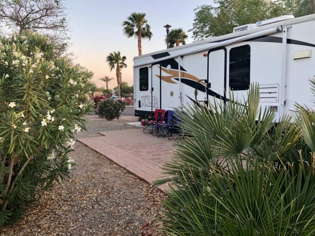  An RV parked at The Palms RV Resort
