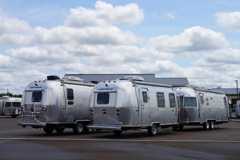 Airstreams at RV dealer - feature image for how long are RV loans