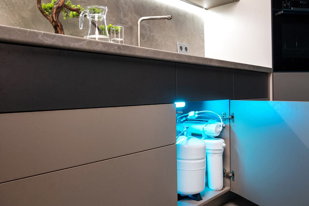 RV kitchen door open to show water filtration