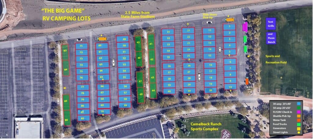 Overhead view of available rv lots at the super bowl for RVers to use their rv for tailgating.