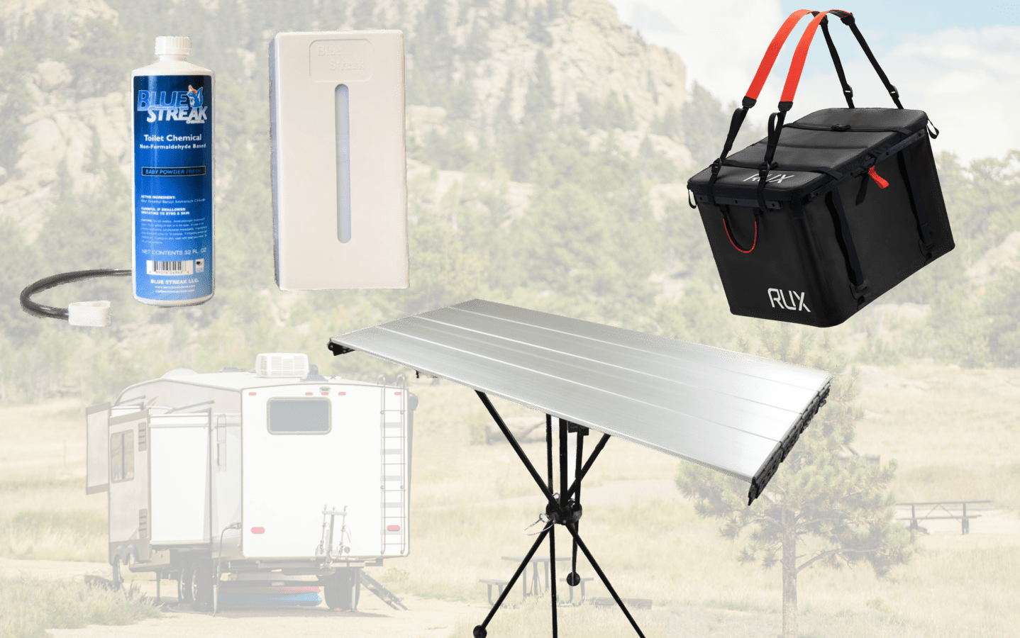 3 RV camping gadgets against a backdrop of an rv campsite
