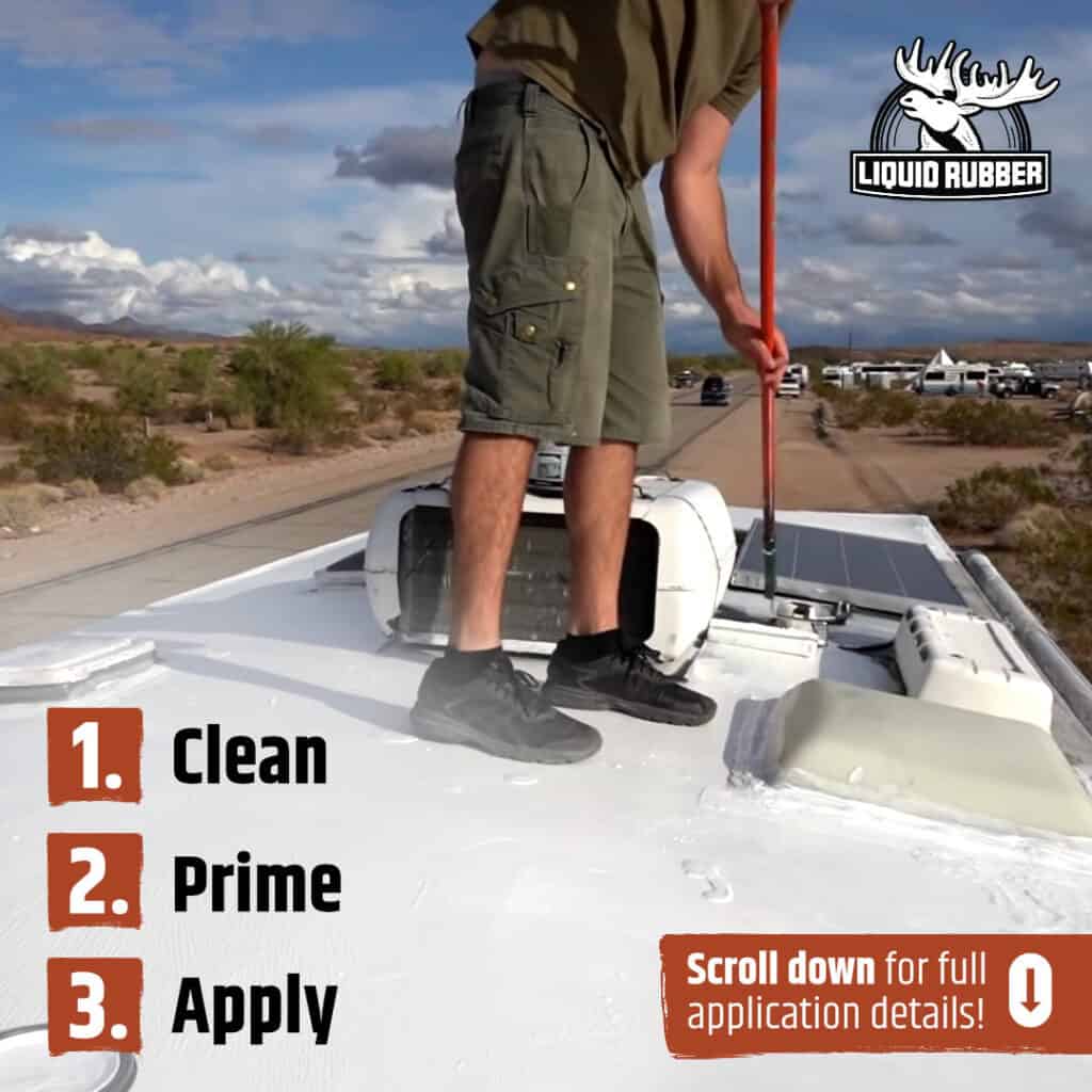 man on rv roof refinishes using liquid rubber rv repair products