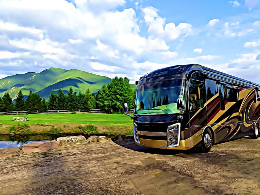 Illustration of a Motorhome on a rural road. Photo from Shutterstock.