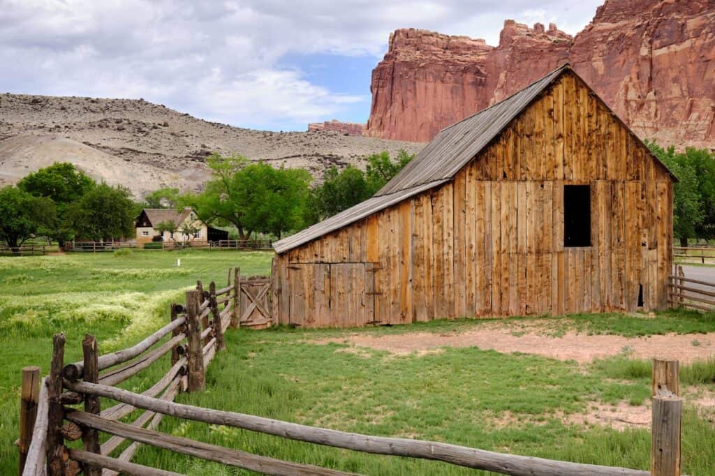 Homestead outbuilding with grass in front of red cliffs in Utah