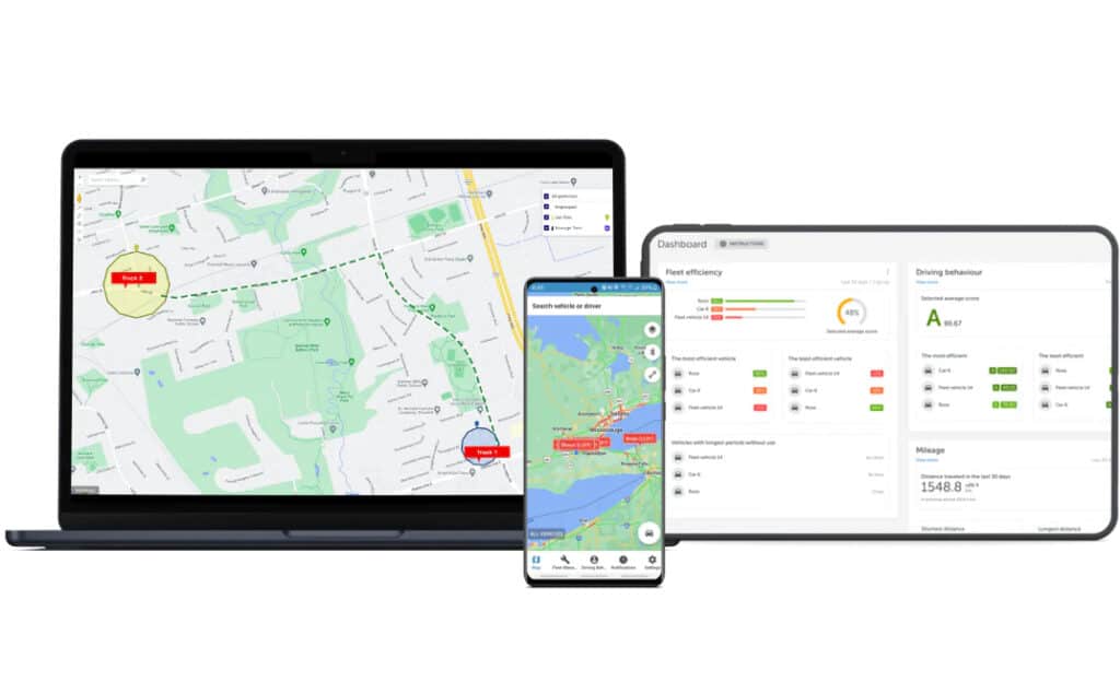 Trackem gps tracking displayed on laptop, tablet, and phone.